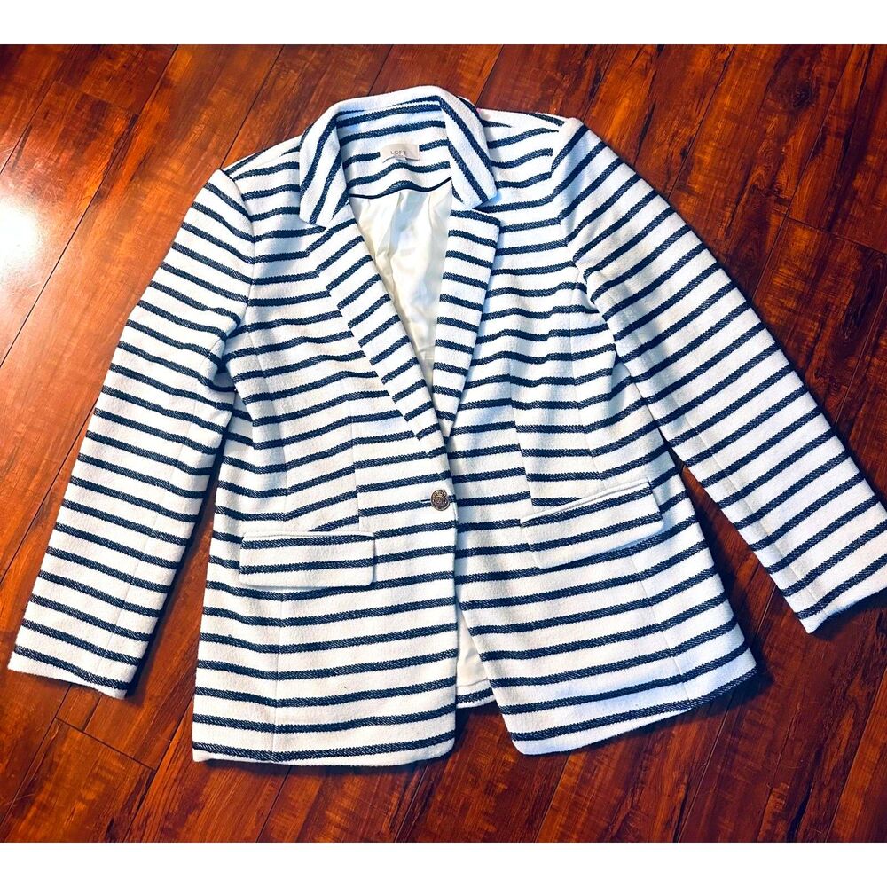 LOFT Blue & White Stripped Knit Cotton Coastal Office Outwear Modern Blazer 10P